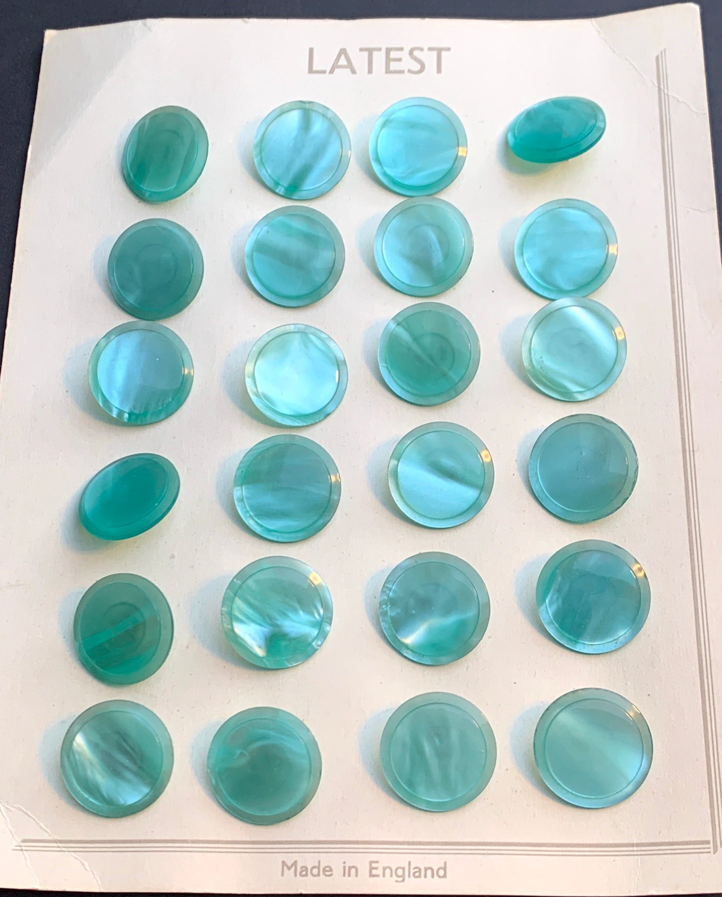 6 or 24 Silvery Aqua Turquoise Vintage Moonglow Lucite Buttons 1.5cm or 2cm -Made in England