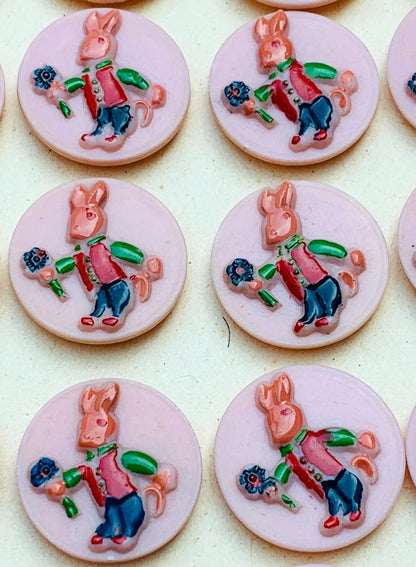 6 Vintage Italian 2cm Rabbit Buttons - Pink Background