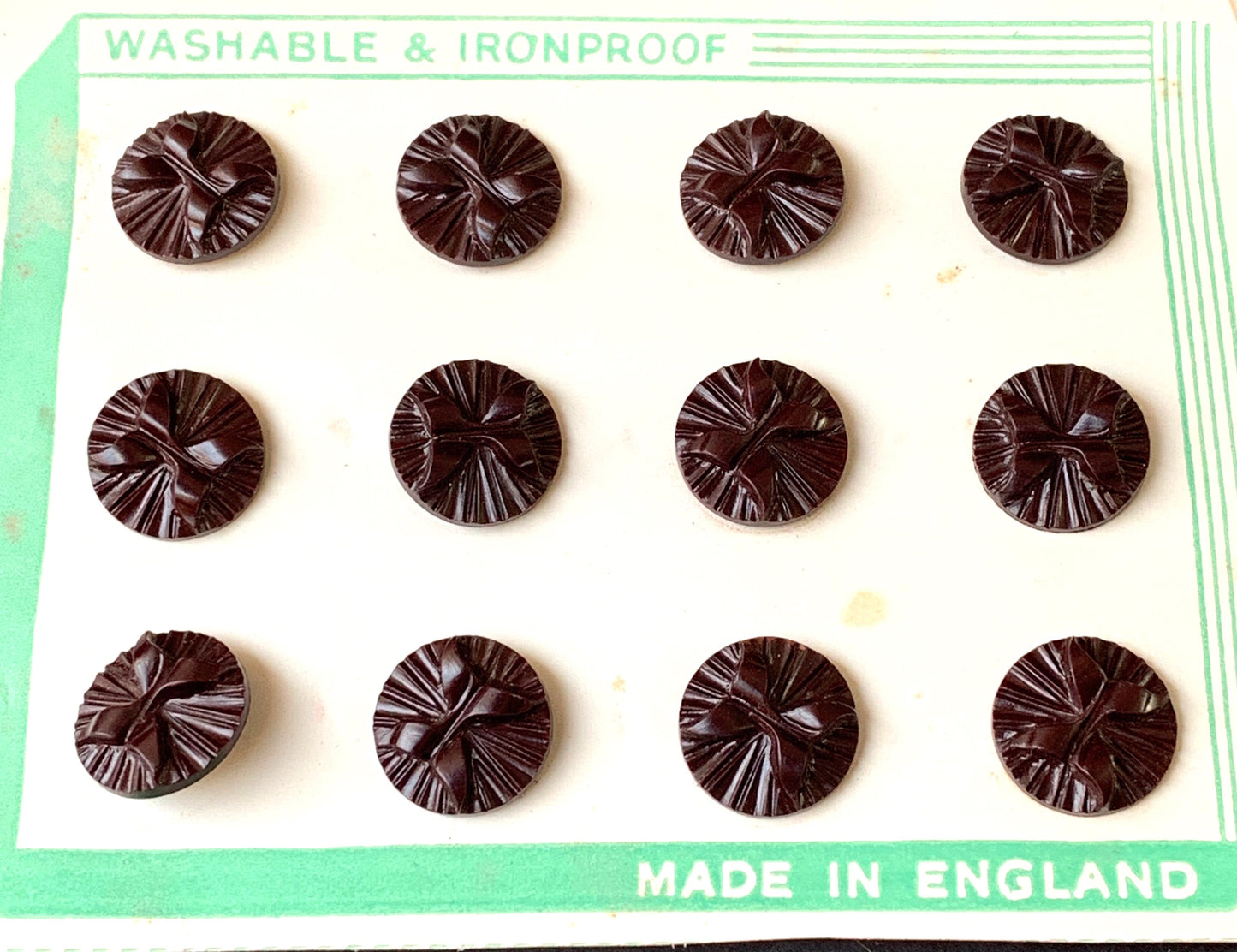 12 Bakelite Brown English 1940s  Bow Buttons - 1.4cm or 1.7cm wide