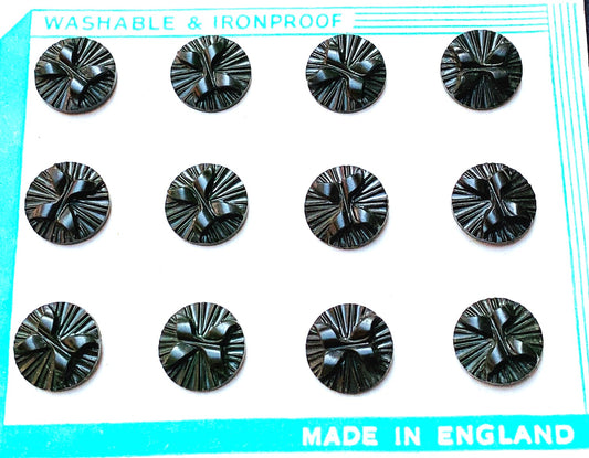 12 Bakelite Dark Brown/Dark Green English 1940s Bow Buttons - 1.4cm