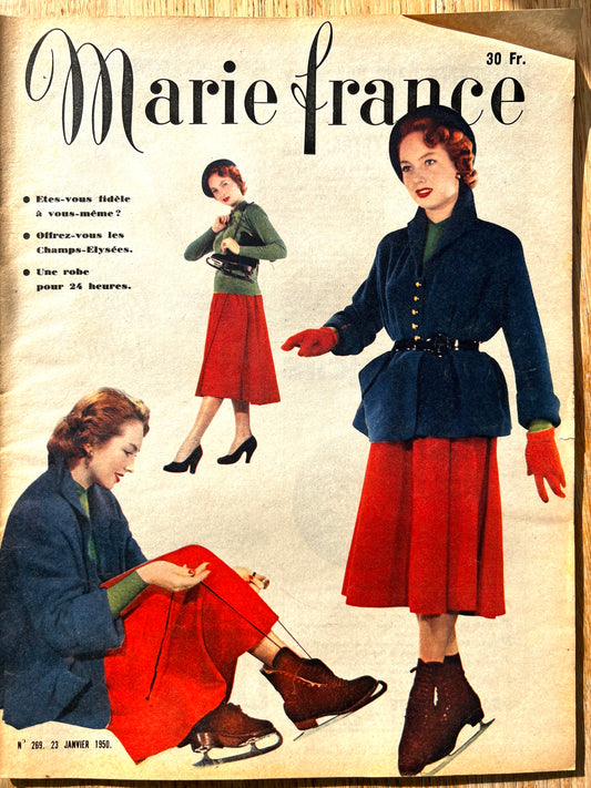Ice Skaters on Cover of January 1950 French Women's Paper Marie France