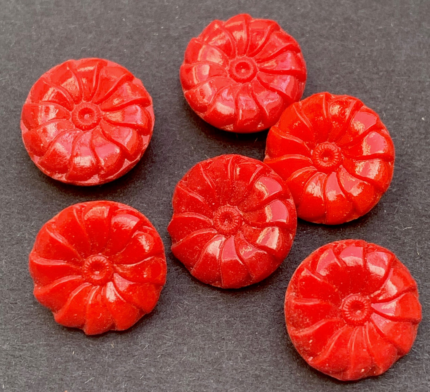 6 Little 1.2cm Vintage Red Glass Flower Buttons to add Drama...to Anything..