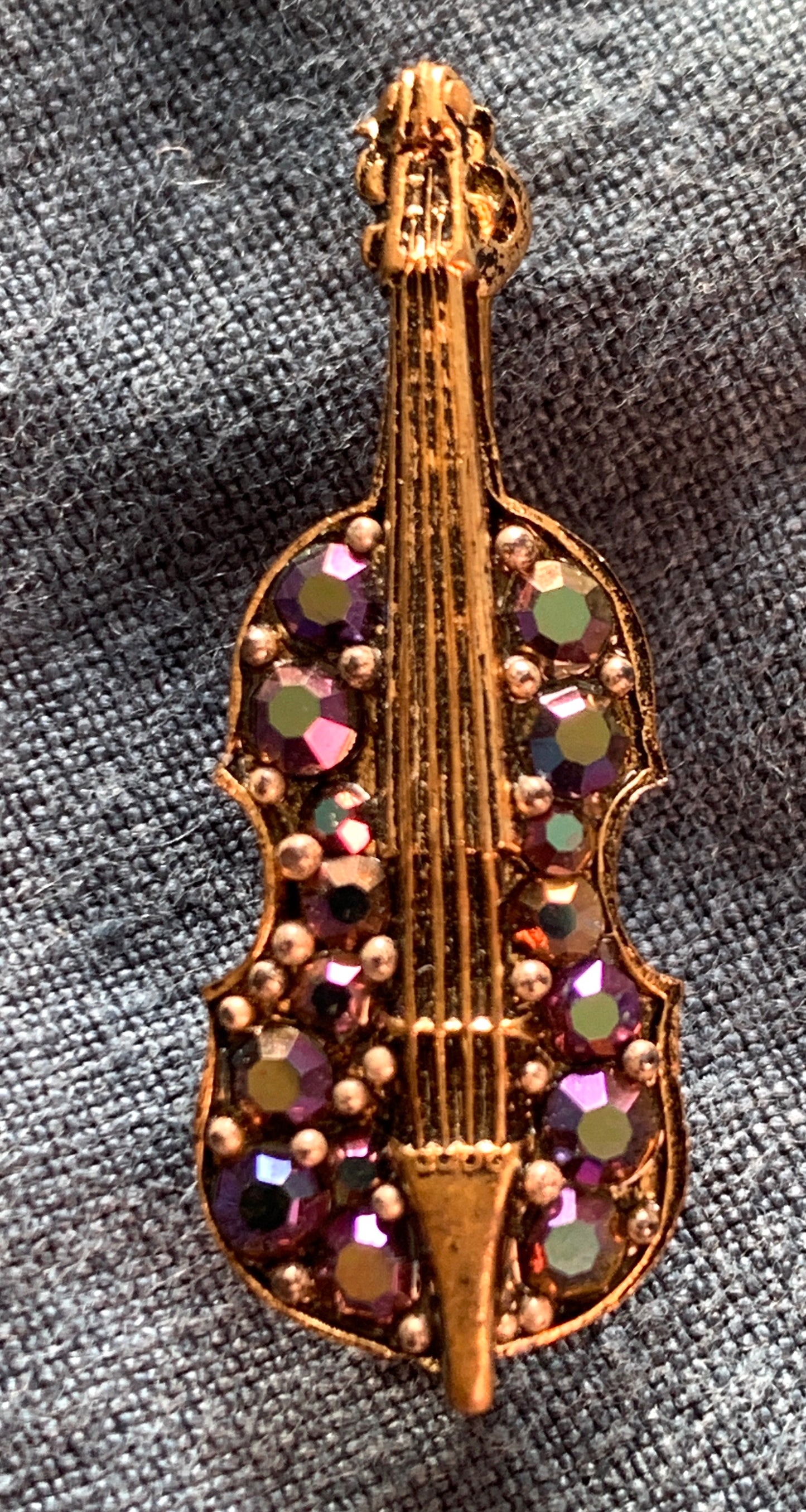 Sparkly Rhinestone Vintage Violin Brooch