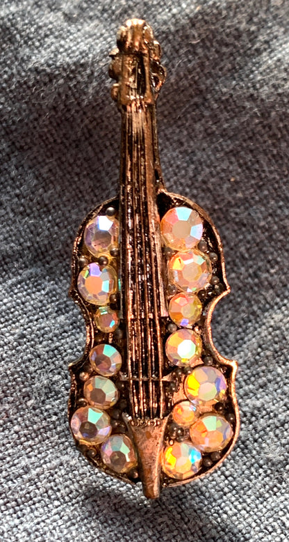 Sparkly Rhinestone Vintage Violin Brooch
