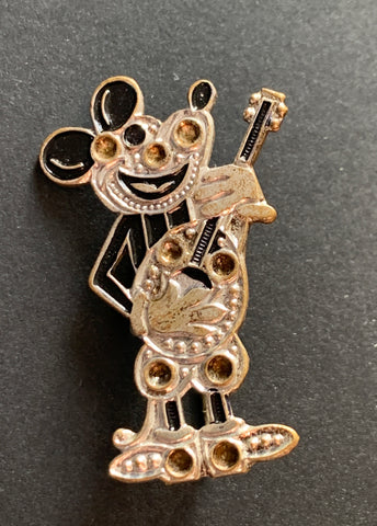 1930s Banjo Playing Mickey Mouse Brooch - Enamel and Rhinestone (missing !)