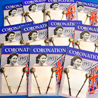 10 Genuine (slightly grubby) 1953 Queen Elizabeth 11 CORONATION Hair Pins with CROWNS