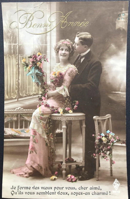 Charming Romantic French 1900s New Year Greetings Postcard