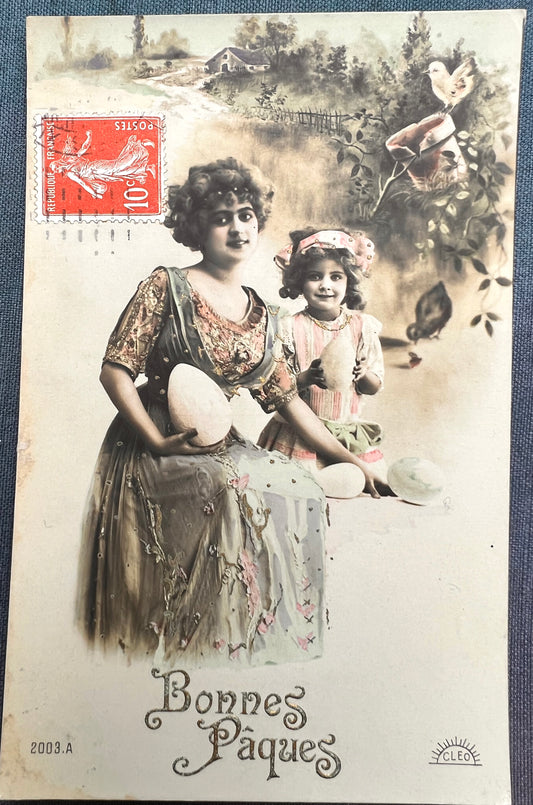 Posh Frocks and Simple White Easter Eggs on  1907 French Easter Postcard.