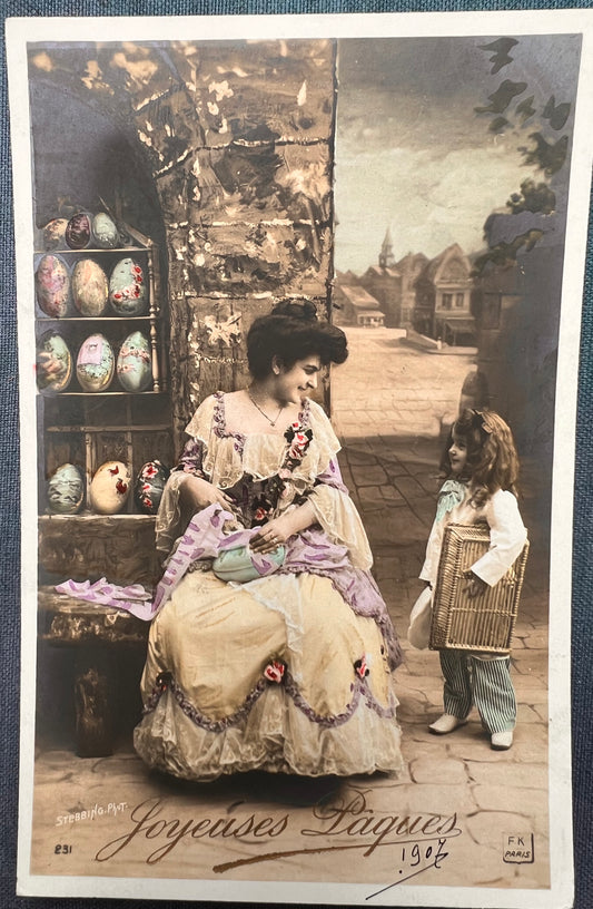 A Visit to the Easter Egg Shop  on  1907 French Easter Postcard.