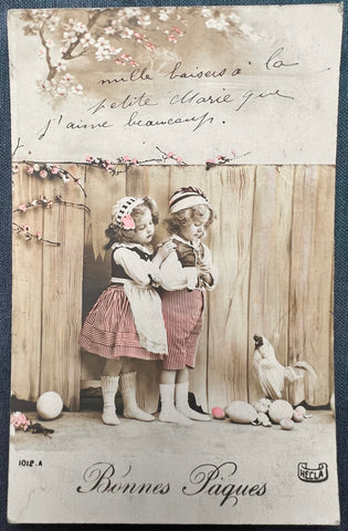 Contemplating The Chicken on 1900s French Easter Postcard.