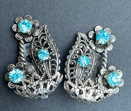 Joyful Sparkly Blue Crystal and Filigree Vintage Clip On Earrings