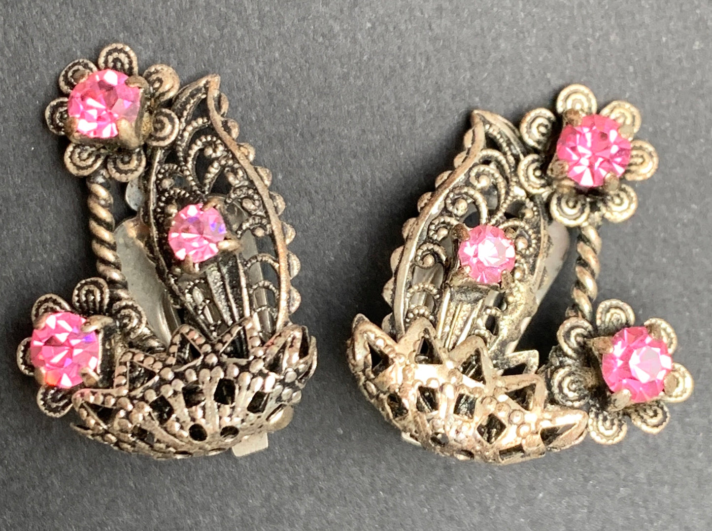 Vintage Filigree and Pink Crystal Flowers and Leaf Clip On Earrings