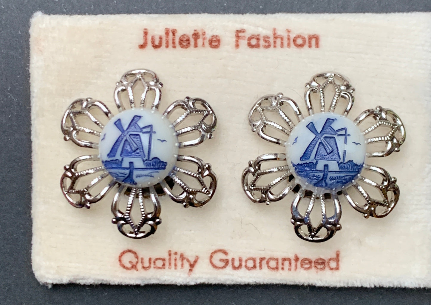 Vintage Celluloid Windmill and Filigree Clip-On Earrings