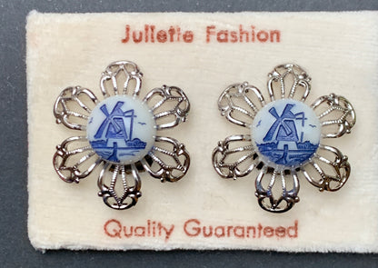 Vintage Celluloid Windmill and Filigree Clip-On Earrings