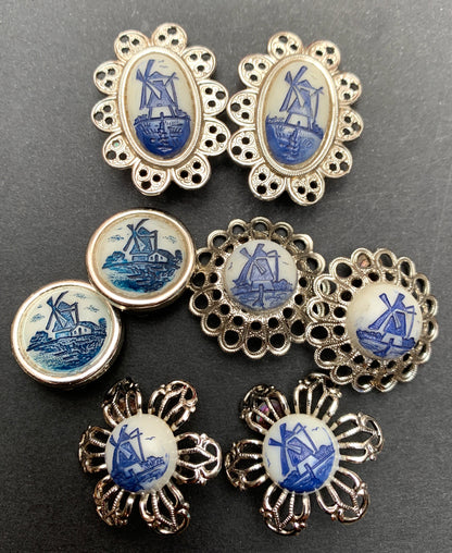 Vintage Celluloid Windmill and Filigree Clip-On Earrings