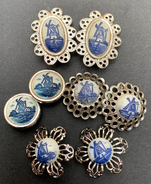 Vintage Celluloid Windmill and Filigree Clip-On Earrings