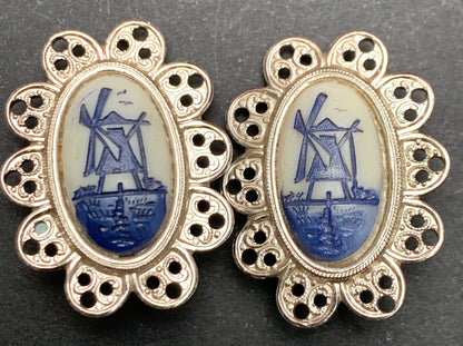 Vintage Celluloid Windmill and Filigree Clip-On Earrings