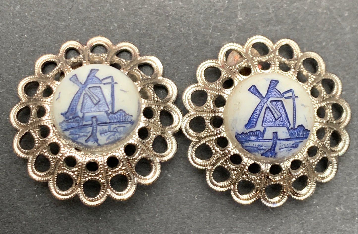 Vintage Celluloid Windmill and Filigree Clip-On Earrings