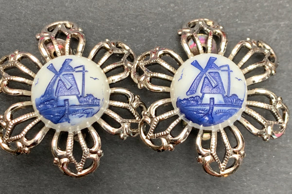 Vintage Celluloid Windmill and Filigree Clip-On Earrings