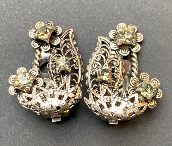 Pale Green/Grey Vintage Filigree and Crystal Flowers and Leaf Clip On Earrings