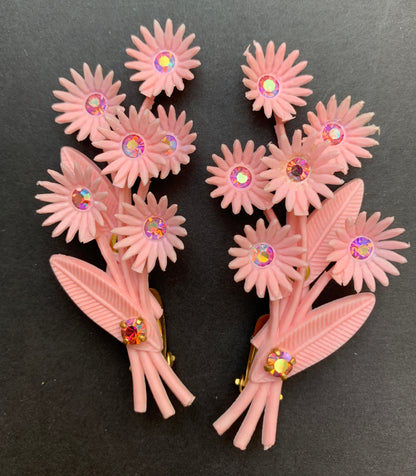 Aurora Borealis Centred Pink Clip-On Vintage Flower Earrings