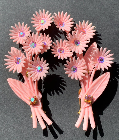 Aurora Borealis Centred Pink Clip-On Vintage Flower Earrings