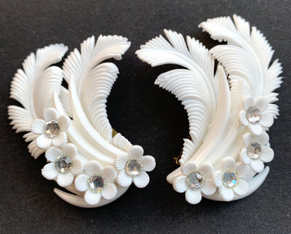 Exciting Feathers, Flowers and Diamante on Big 6cm Vintage Clip-on Earrings