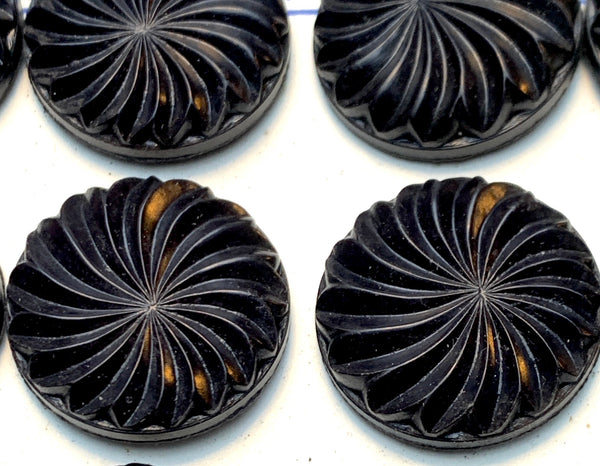 Lively 1940s 2.2cm or 1.8cm Black Bakelite Swirl Buttons -12 on Display Card or 6 Loose.