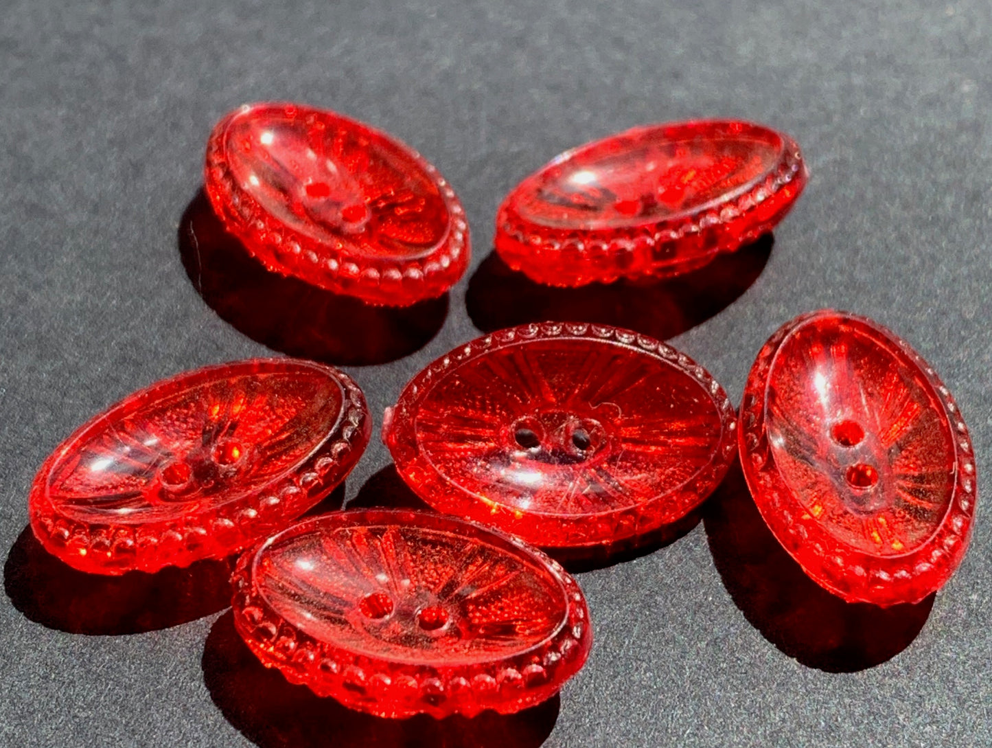 6 Elliptical Jewel Red Vintage Buttons 13 or 15mm long