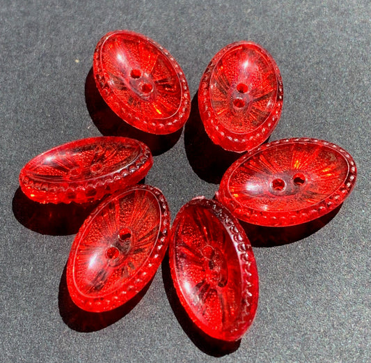 6 Elliptical Jewel Red Vintage Buttons 13 or 15mm long