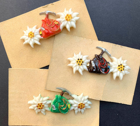 1940s Hand Painted Celluloid Edelweiss and Rucksack Brooches