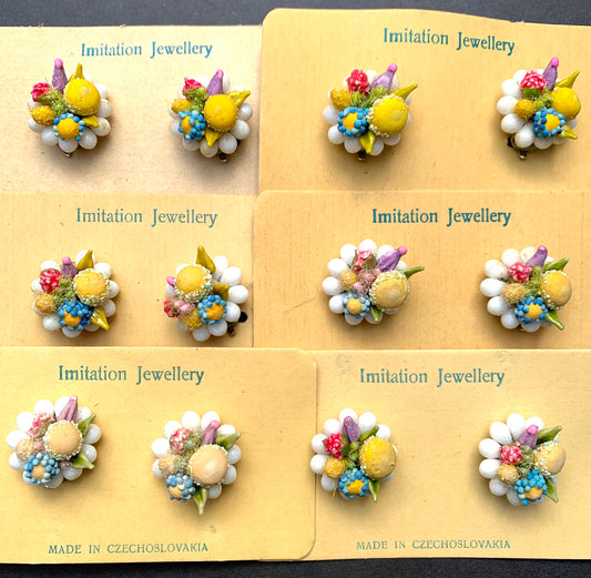 Pretty Pastel Nest of Flowers 1950s Czechoslovakian Glass and Paste Clip-on Earrings
