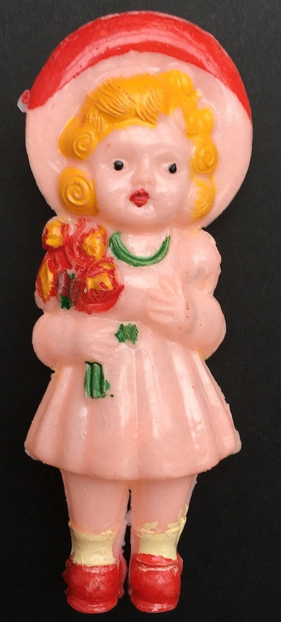 Gorgeous Vintage 1940s Doll Rattle - Little Girl With Flowers - 9cm tall