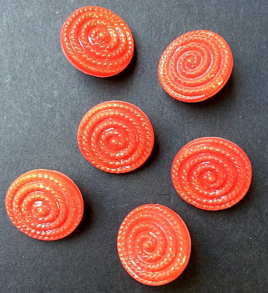 6 Crimson 1.3cm Glass Coiled Rope Vintage Buttons