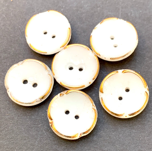 6 Delightful 11mm White with Gold Fluted Edge Vintage Glass Buttons.