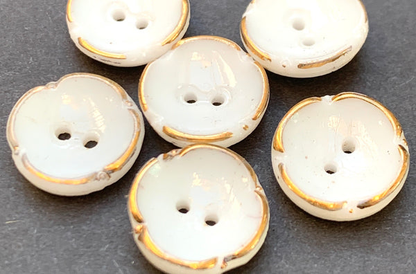6 Delightful 11mm White with Gold Fluted Edge Vintage Glass Buttons.