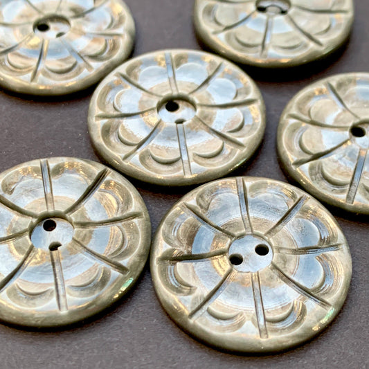 6 Shiny Oxidised Silver Grey 2.2cm Deco Buttons