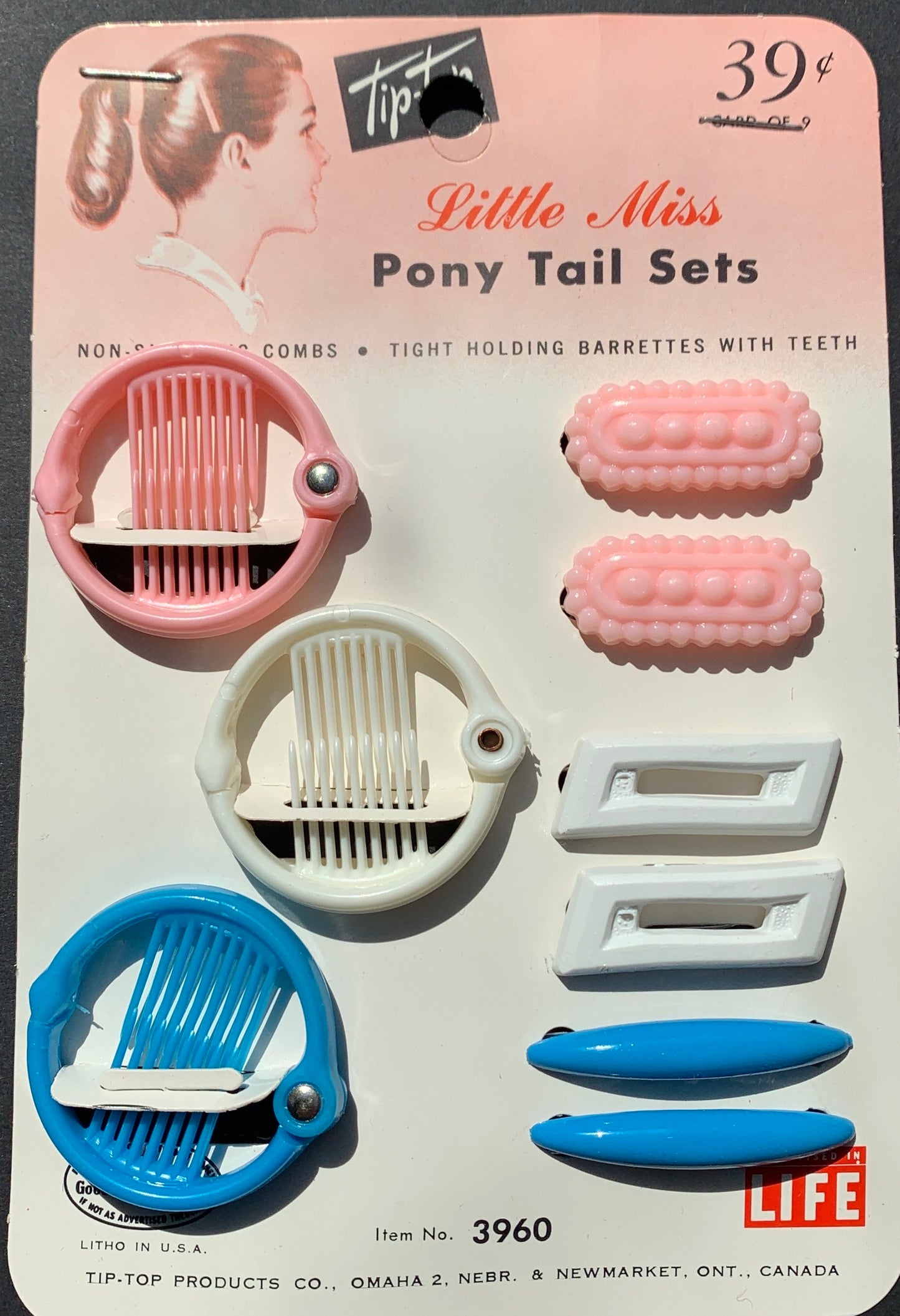 Vintage Little Miss Pony Tail Sets with Ring Grips and Pairs of Hair clips