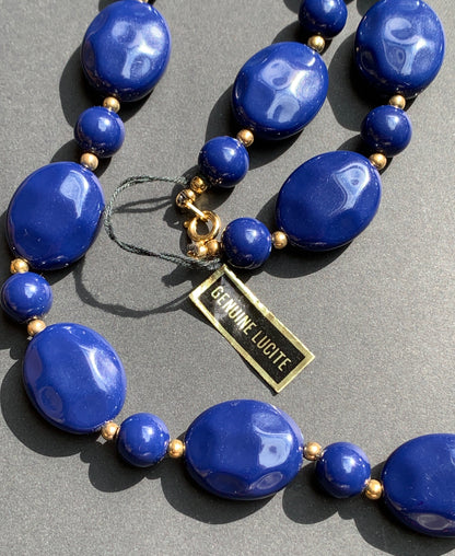 1970s Blue Pebble Lucite Bead Necklace.