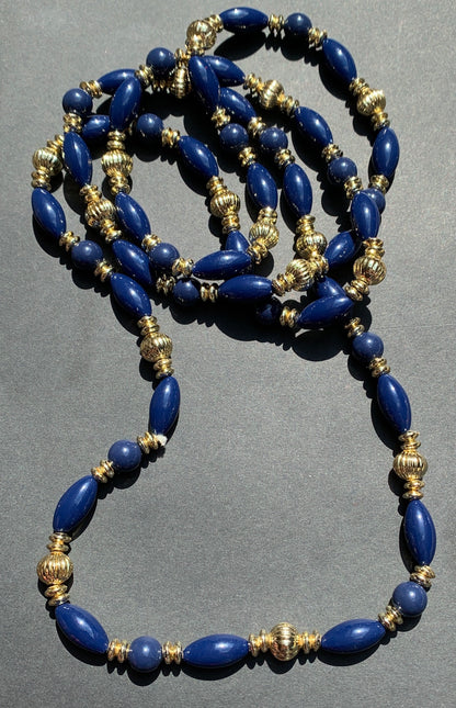 Long  Royal Blue and Gold Vintage Lucite Beads