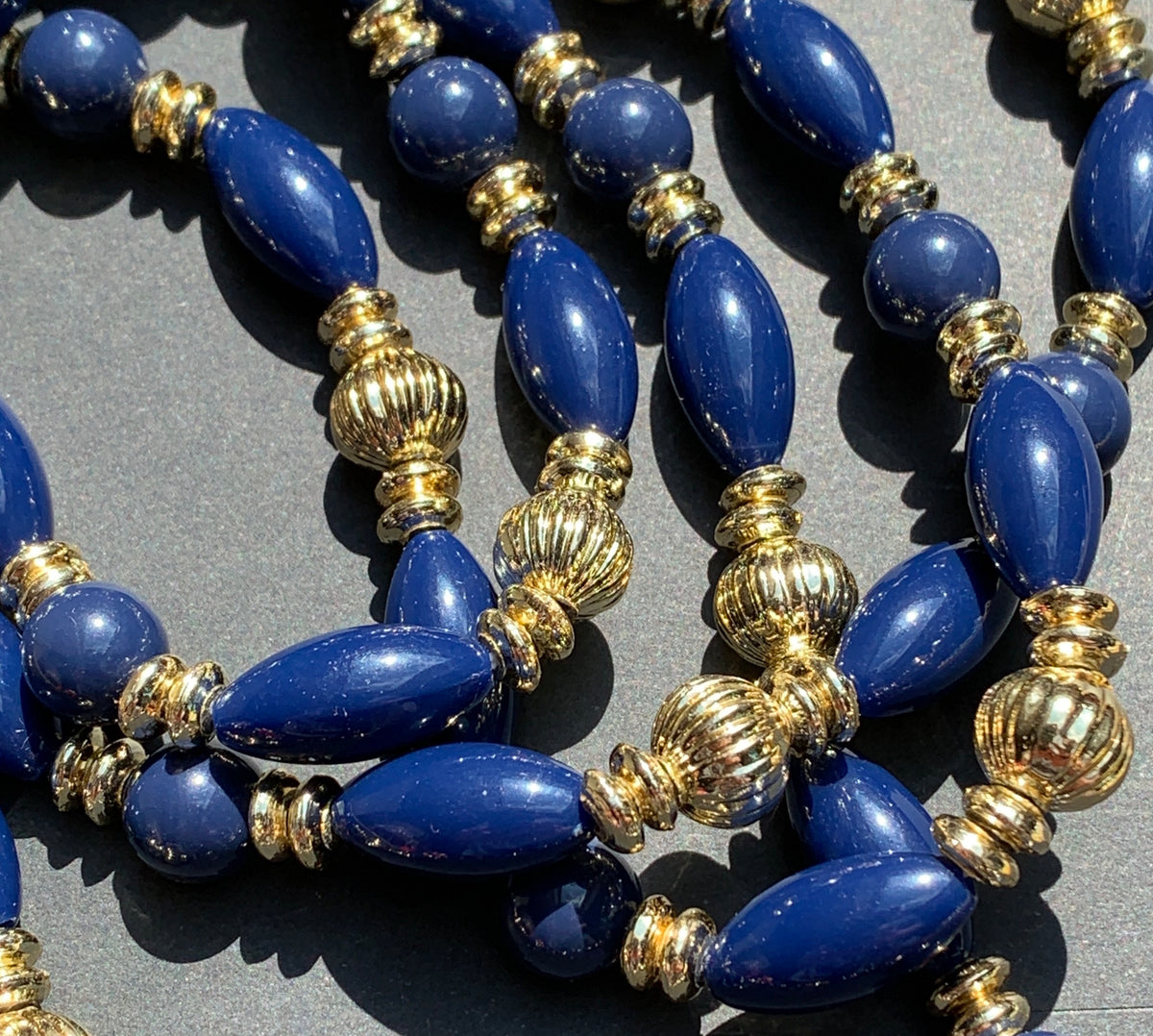 Long  Royal Blue and Gold Vintage Lucite Beads