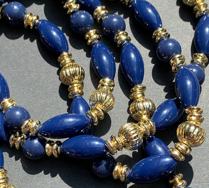 Long  Royal Blue and Gold Vintage Lucite Beads
