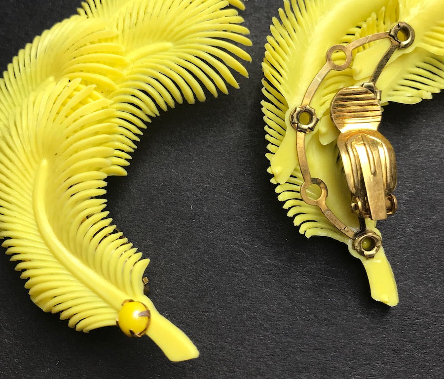 The Happiest Earrings Ever.. Vintage Clip-On Yellow Feather Earrings