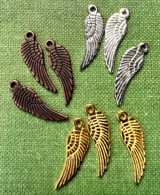 3 Little 1.5cm Wing / Feather Charms - Gold, Silver or Bronze Tone.