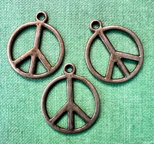 3 Bronze Tone Peace Symbol Charms / Pendants - 1.8cm wide.