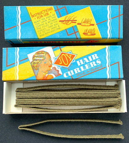 1930s Box of 5 "JOY" fabric covered  long 9" HAIR CURLERS