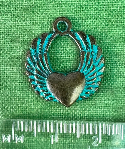 Verdigris Winged Heart 2cm Charm / Pendant
