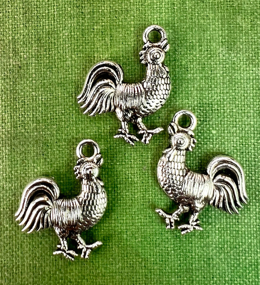 3 Strutting Rooster 2cm tall Silver Tone Charms / Pendants