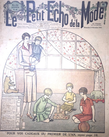 Children and Teddy on Front Cover November 1927 French Fashion Paper Le Petit Echo de la Mode