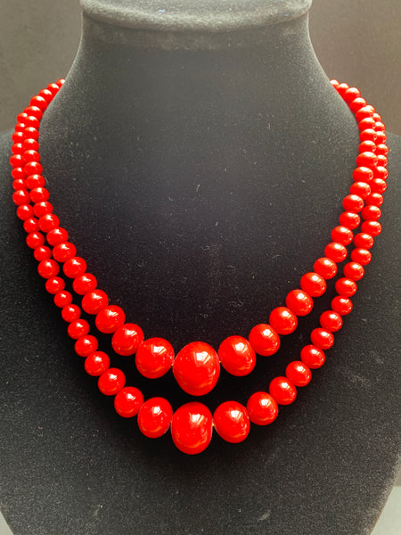 Vintage Crimson Red Glass Bead Double Strand Necklace